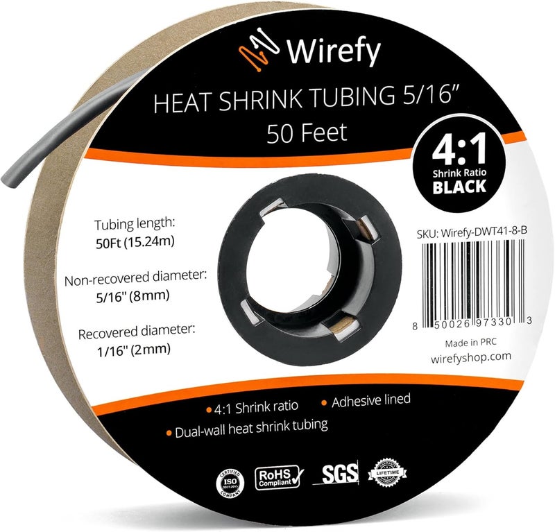 Wirefy 5/16" Heat Shrink Tubing - 4:1 Ratio - Adhesive Lined - Resistant Heat Shrink - 50 Feet Roll - Black - Image 1